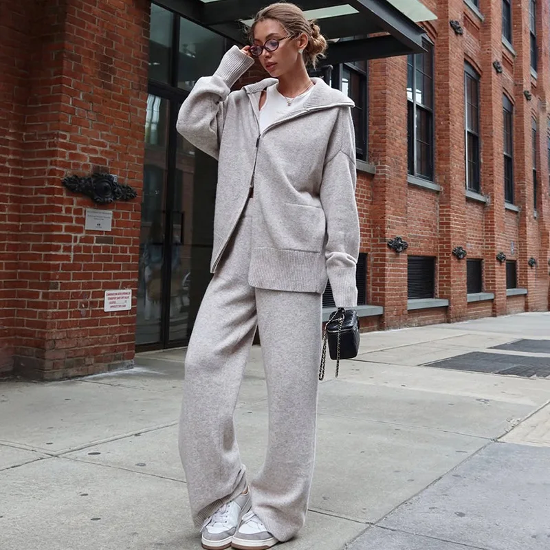 TARUXY Damski Komplet: Rozpinany Sweter i Spodnie z Dzianiny, Jesienny Nowy Modny Zestaw do Pracy, Rozpinany Sweter na Zamek, Spodnie z Szerokimi Nogawkami, Komplet 2-częściowy