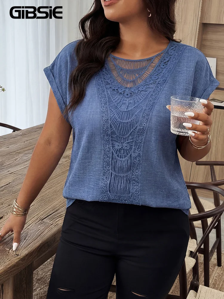 

Женские блузки GIBSIE больших размеров с кружевными вставками и рукавами реглан, с круглым вырезом, летние, свободные, повседневные, однотонные, элегантные топы