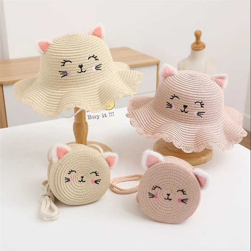 Cute Cat Summer Baby Hat Girl Handbag Straw Cap Set Kids Infant Princess Party Holiday Beach Sun Hats Panama Gorros