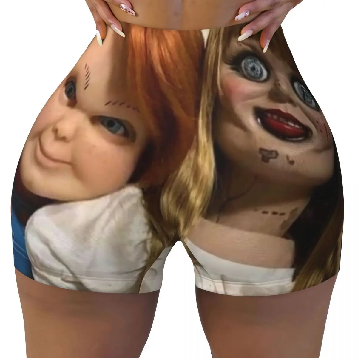 

Custom Chucky And Annabelle Biker Running Workout Shorts for Women Horror TV Movie Athletic Gym Yoga Shorts