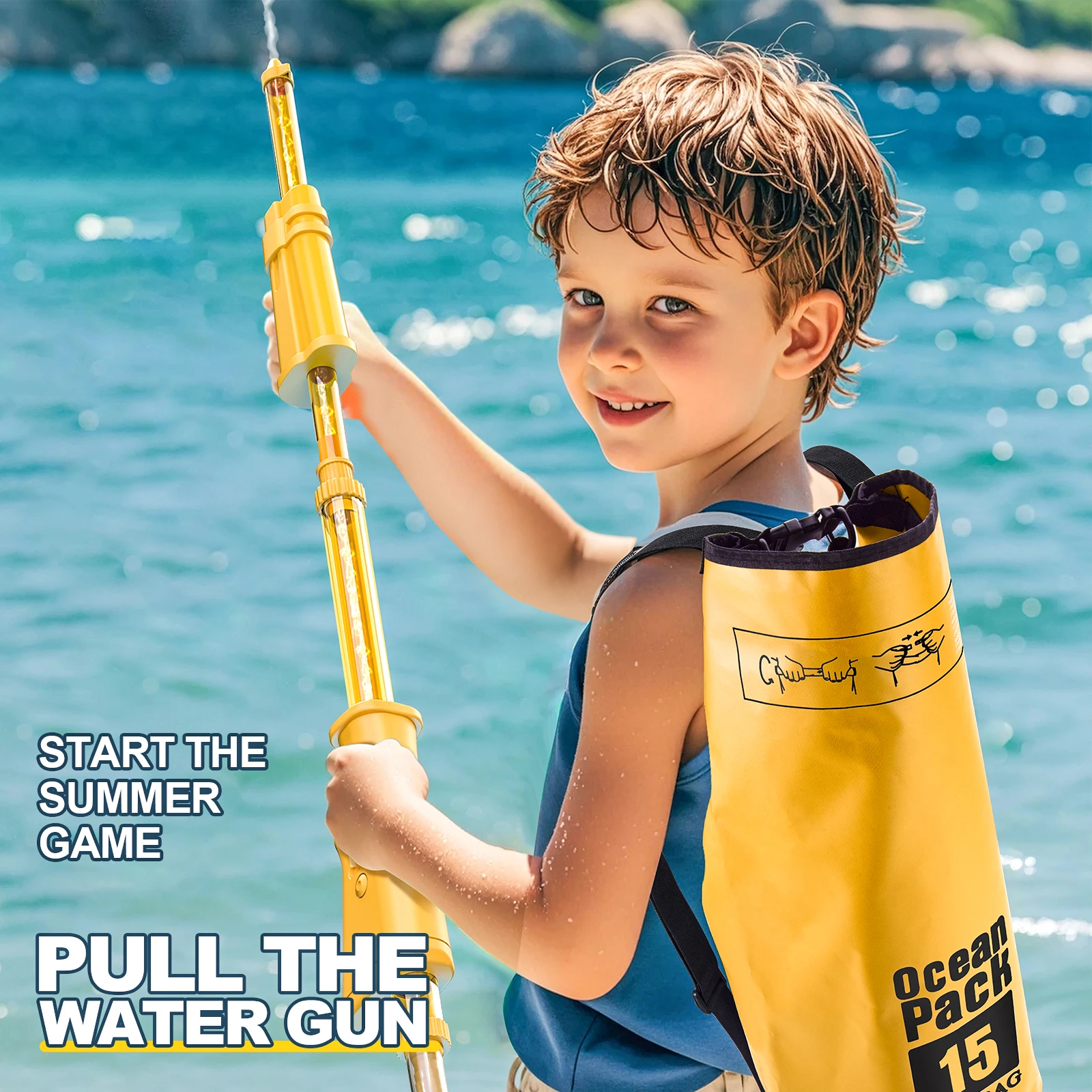 น้ําแคนนอนแรงดันสูงดึงและเปิดตัว Squirt ปืนยาวประมาณ 15 M, 15L ขนาดใหญ่ความจุฤดูร้อนชายหาดกลางแจ้งน้ําของเล่น