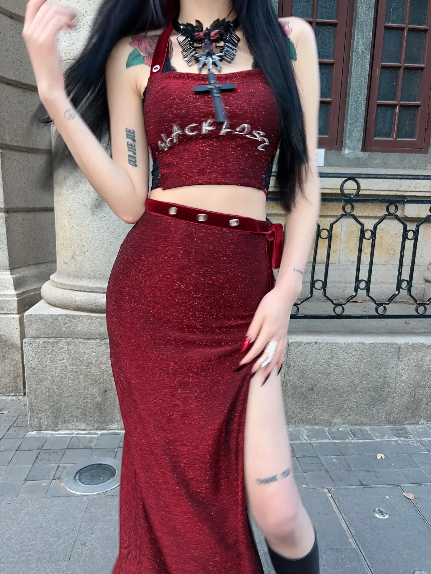 Verão escuro vinho vermelho saia conjunto Slim Crop Spaghetti Top e alta fenda bandagem saia longa terno Vintage Sexy Lady brilhante gótico conjunto