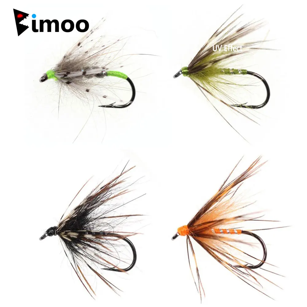Bimoo 8 peças # 14 Moscas Tenkara Grizzly Soft Hackle, Anzol Barbado, Mosca Midge Molhada, Mosca Nymph Tenkara, Iscas de Pesca para Truta Grayling