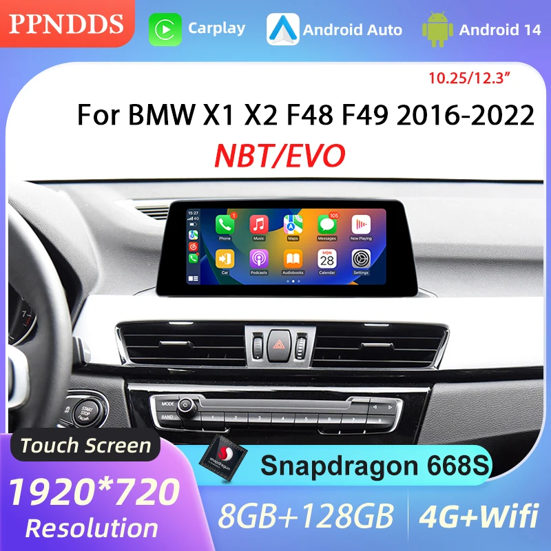 Qualcomm 668S Android 14 Wireless CarPlay Screen Car Stereo Radio For BMW X1 X2 F48 F49 2016-2022 NBT EVO Android Auto GPS Navi