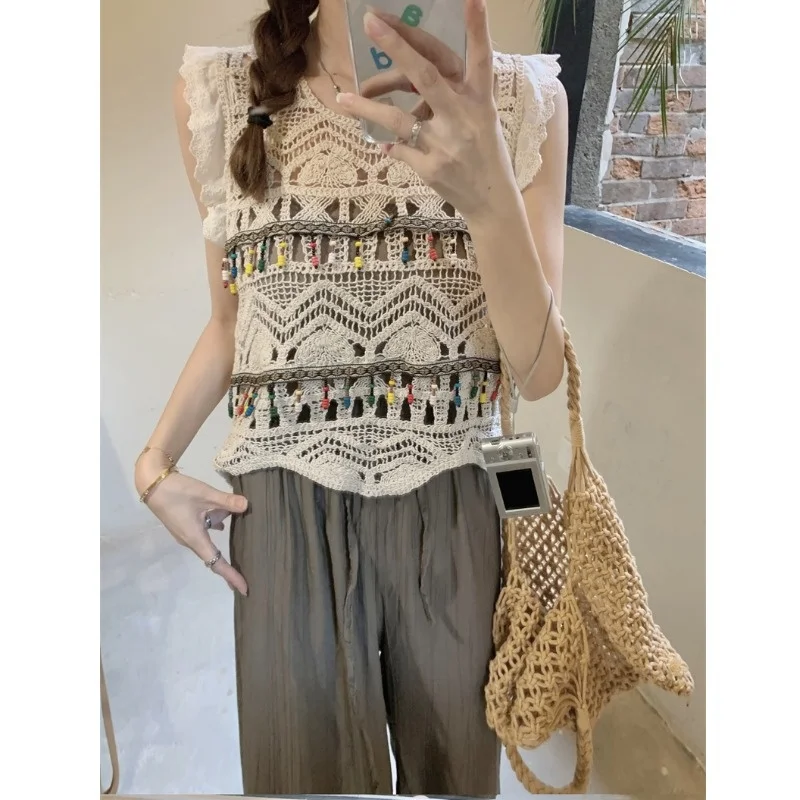 

Retro Tassel Beaded Knitted Short Vest Women's Travel Outfit Slimming Outerwear Hollow out Strap Top Fashion Set Summer 2024