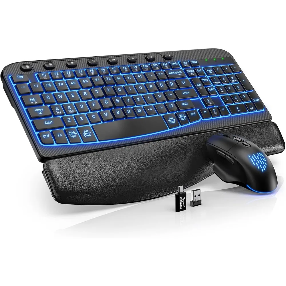 Ergonomic Wireless Keyboard & Mouse with Leather Wrist Rest, 2.4GHz Rechargeable Backlit Set for Windows, Mac, Laptop