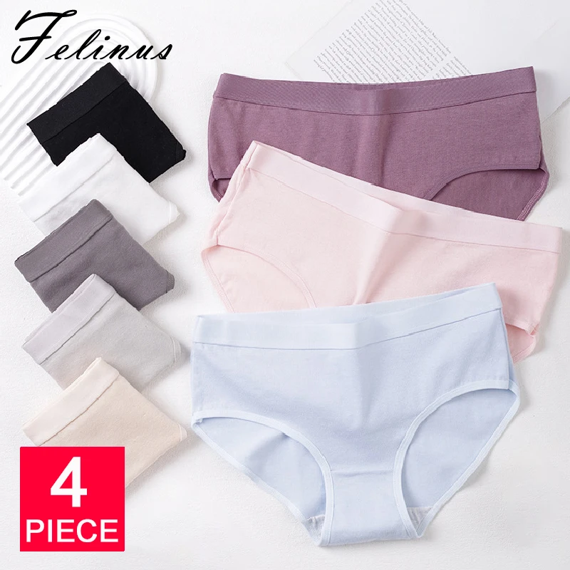 Felinus Damen-Unterwäsche, 4 Stück, solide, bequeme Unterwäsche, Dessous, Sport, Yoga, Dessous, reine Baumwolle, mittlere Taille, Dreieckshöschen