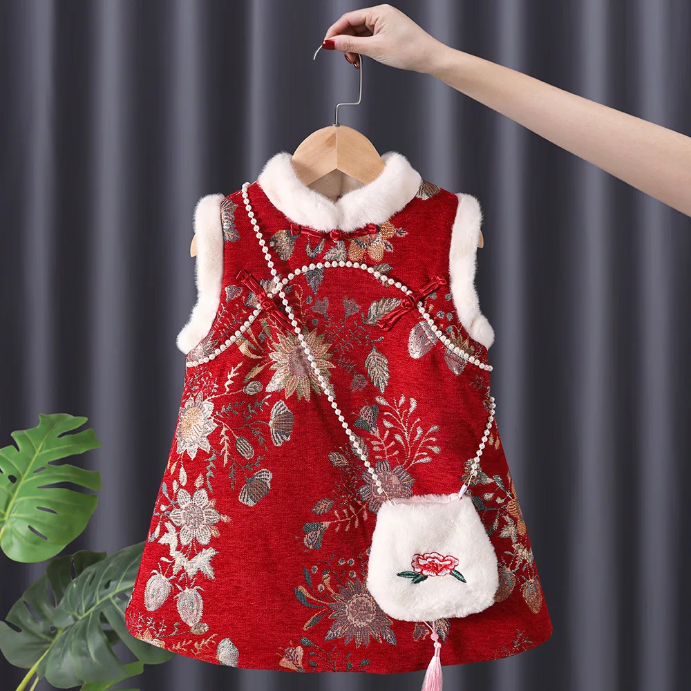 Зимнее платье Hanfu для маленьких девочек, детское платье принцессы Тан, Cheongsam Qipao, детская красная новогодняя одежда с вышивкой, Vestidos
