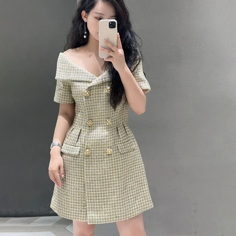 

y2k clothes Gold diamond button dress with coarse tweed lapel, collarbone double row short, 2024 early autumn socialite