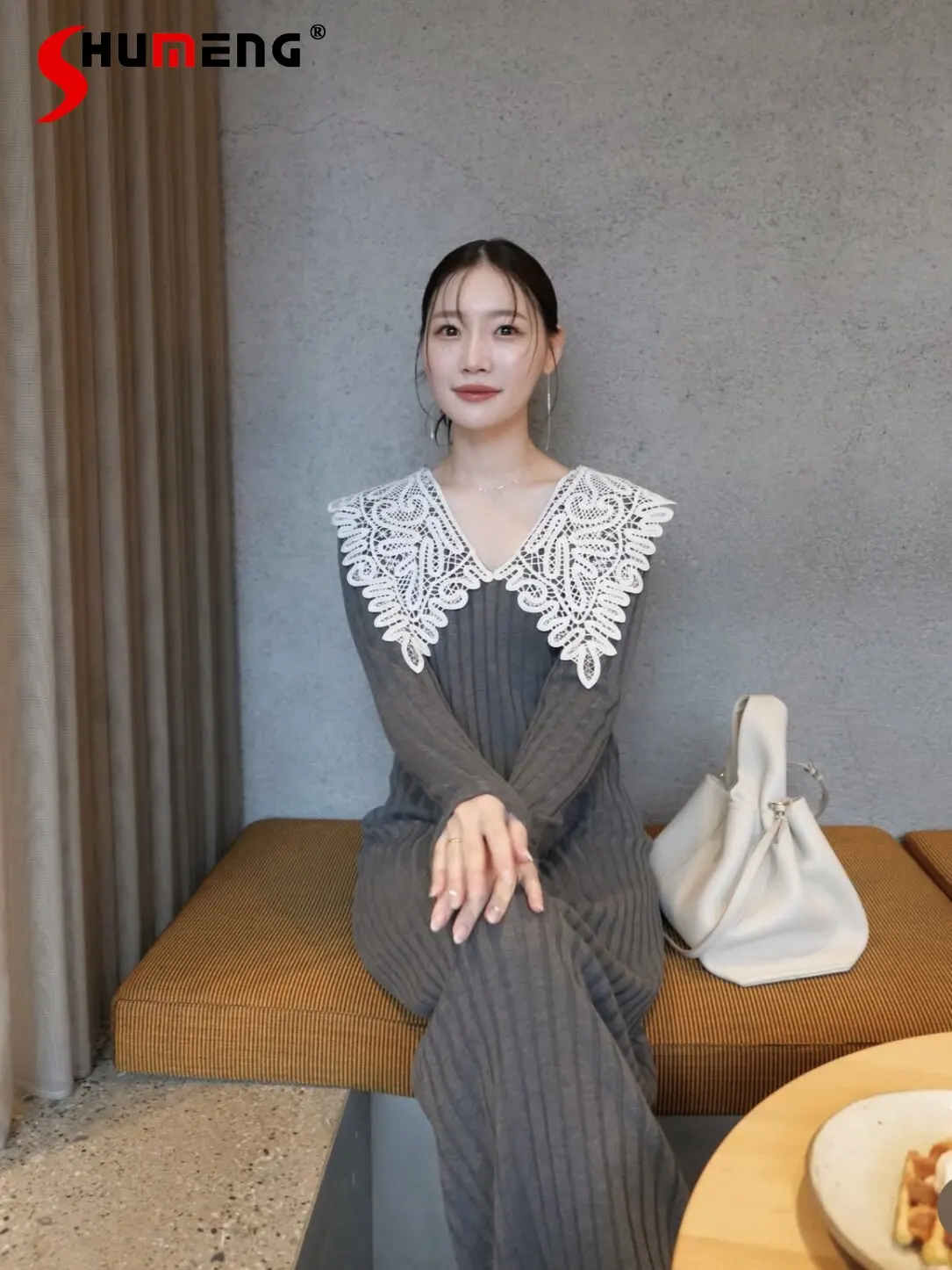 

Japanese Style Fashion Sweet Gray Long Knit Dresses Spring 2026 New Lady Lace Collar Elegant Casual Knit Tight Long Sleeve Dress