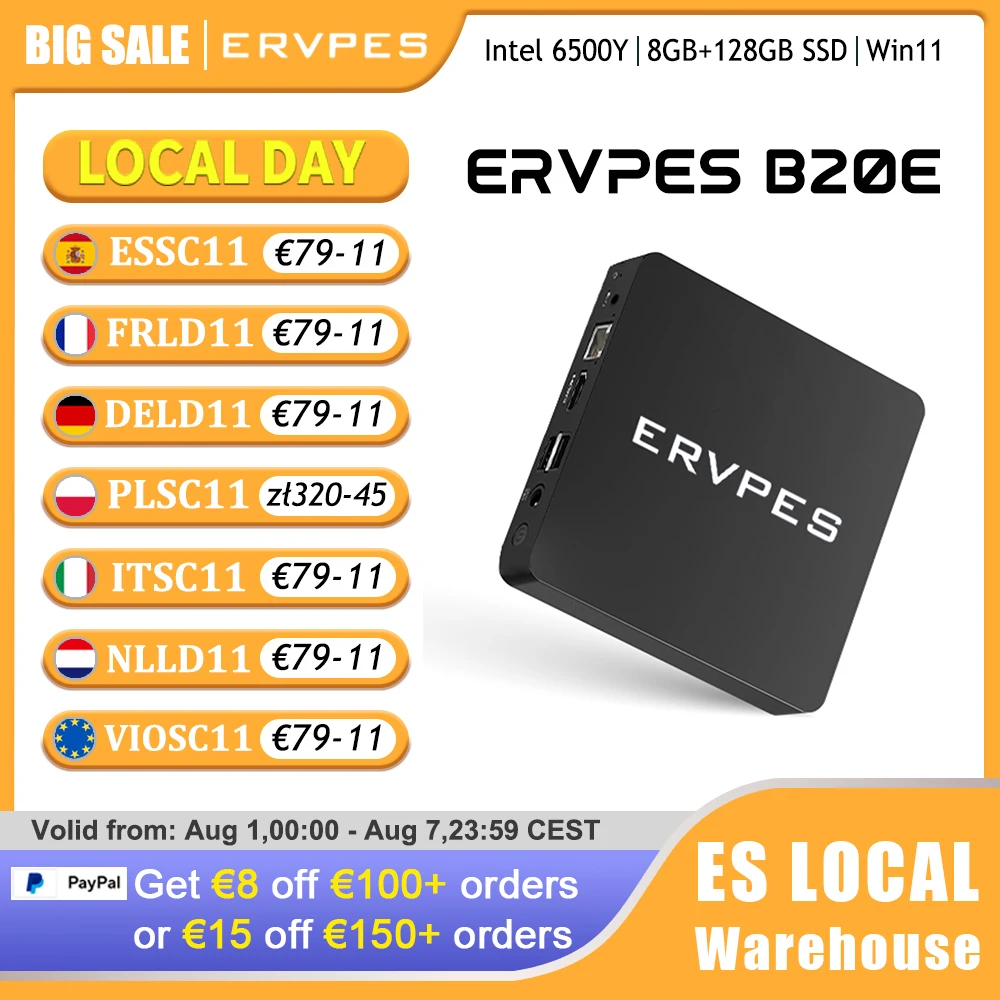 Mini PC ERVPES B20E Intel 6500Y Windows 11 DDR3 8 Go de RAM 128 Go SSD HDMI VGA WIFI5 BT 5.0 USB Ordinateur de bureau compact