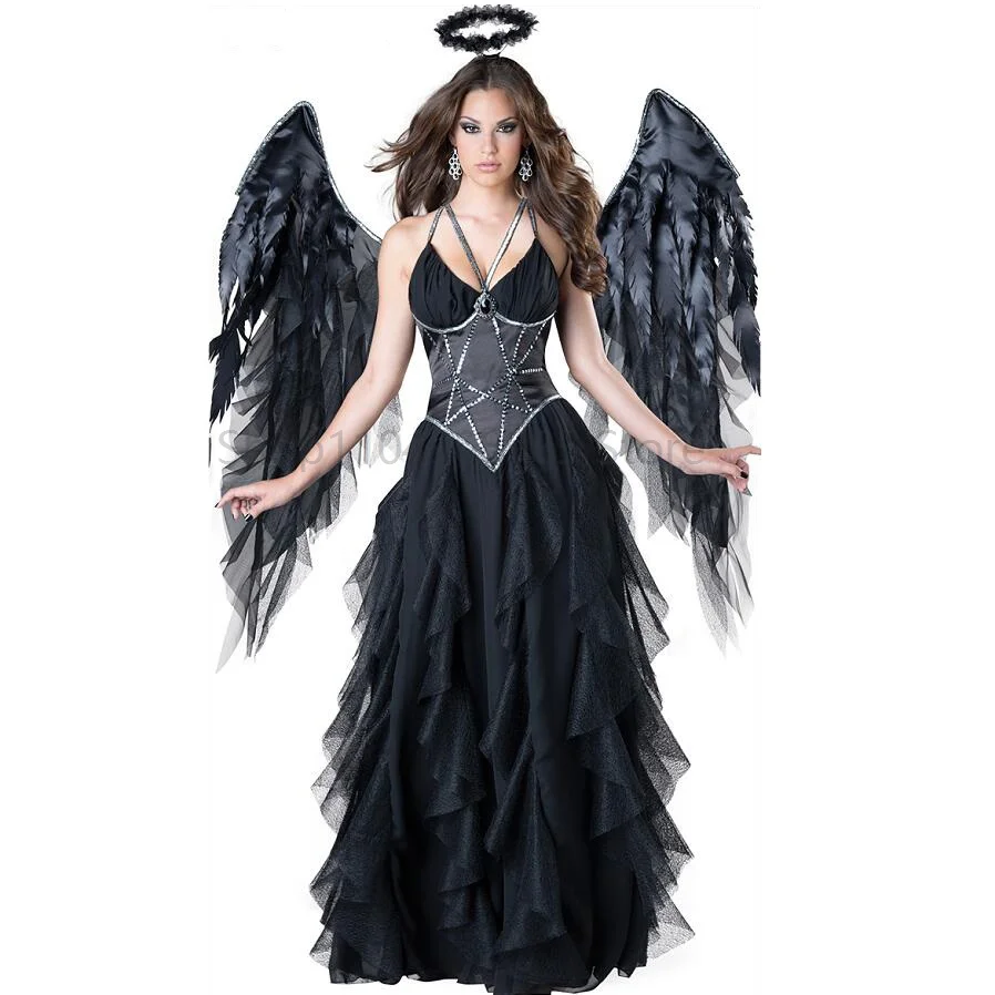 

Halloween Black Gothic Devil Fallen Angel Costume Purim Carnival Party Evil Witch Vampire Cosply Dress