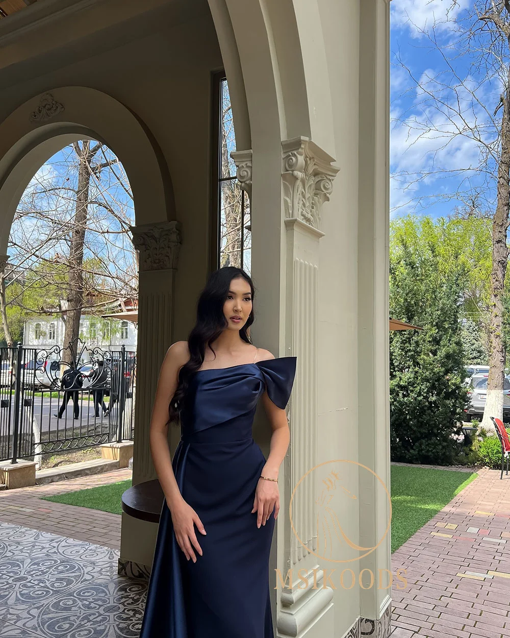 Sukienka wieczorowa Msikoods, granatowa, na jedno ramię, drapowana, elegancka, długa do podłogi, na studniówkę, sukienka formalna, sukienka na przyjęcie, możliwość personalizacji
