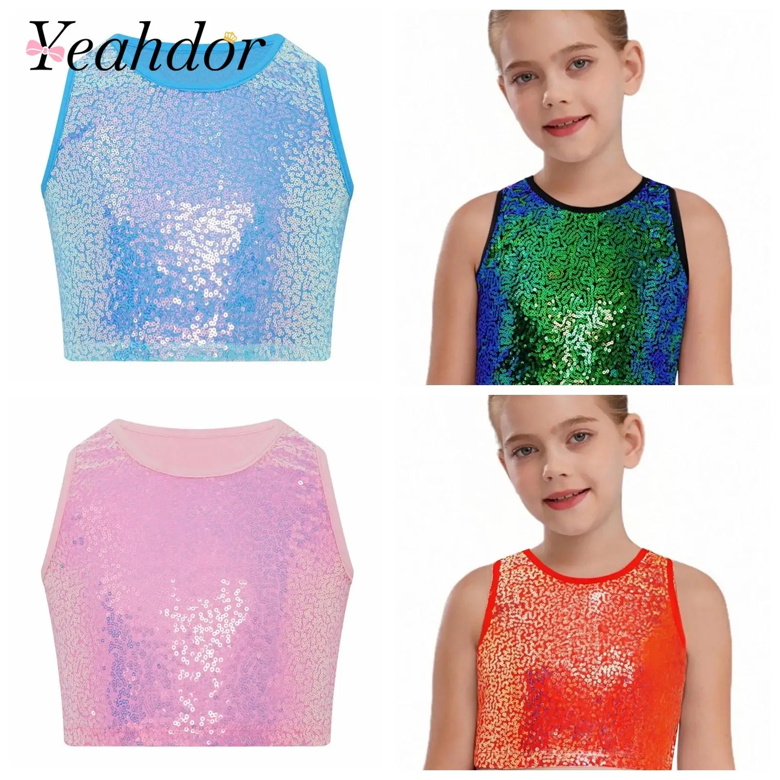 

Kids Tops for Girls Sparkling Sequin Crop Top Shiny Sleeveless Vest Children Jazz Dance Stage Performance Fashion Party Clothes