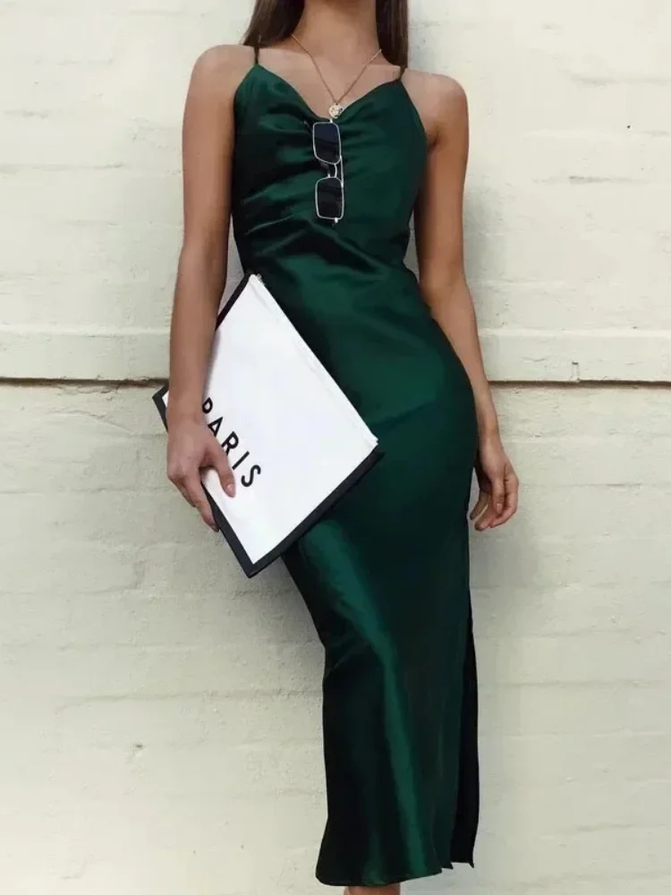 Summer Sexy Sleeveless Backless Long Dress Fashion Satin Women Evening Dress New Elegant Party Vestido Green