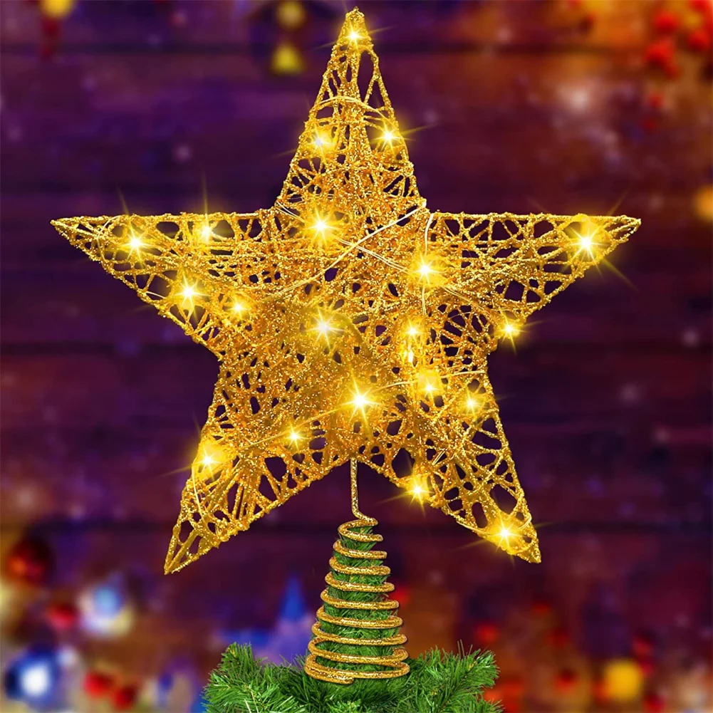 

1PC Merry Christmas Star Xmas Tree Topper Ornaments 3D Metal Star Tree Decor Christmas Party 20 LED Lights For Home Office Decor