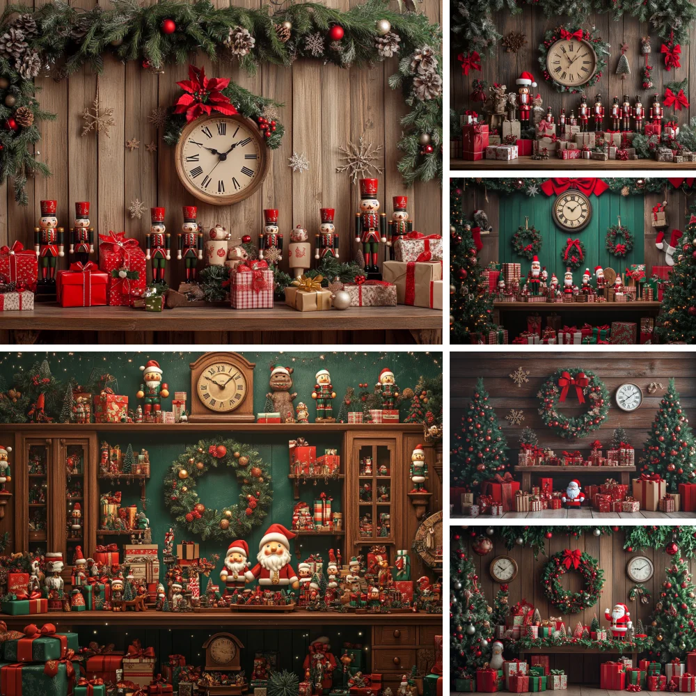 

Santa Claus Workshop Wooden Background Photography Christmas Clock Toy Bear Gift Shelf Backdrop Winter Kid Photo Studio
