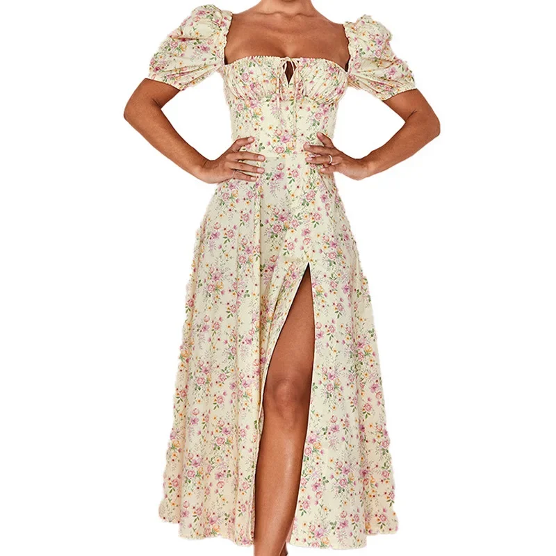 Europäische und amerikanische Frauen lange Frauen neues Kleid Sommer kurz ärmel ige französische frische Blumen rock quadratischen Hals Kleid YBF13-3