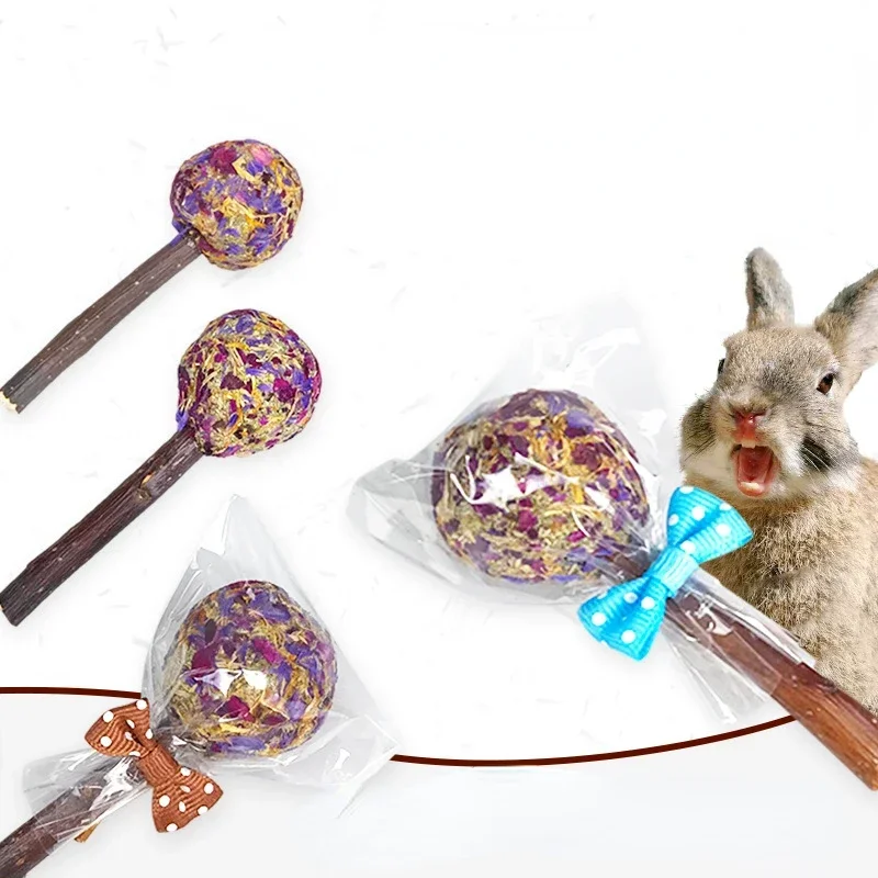 1pc Bunny Chew Toy Lollipop of Teeth Natural Apple Wood Stick With Timothy Flower For Rabbits Chinchilla Hamsters Guinea Pigs