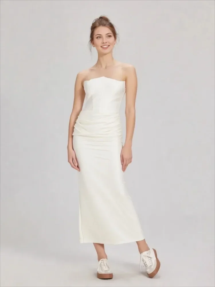 Chaxiaoa Fishbone Sexy Maxi Satin Dress Women Strapless Sleeveless Pleated Long Dress Female Elegant Evening Party Robe Vestidos