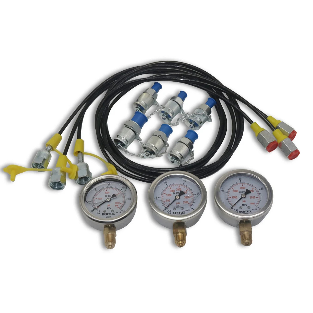 

Excavator Hydraulic Pressure Meauring Device Hydraulic Pressure Gauge Kit with 6 Test Couplings 3 Pressure Gauges 3 Test Hose