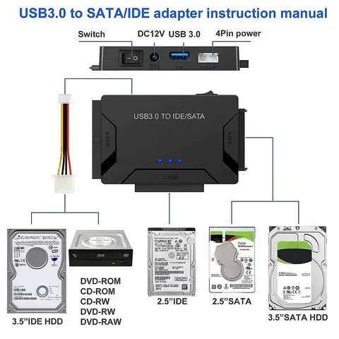 SATA/IDE to USB 3.0 Adapter Hard Drive Adapter Cable Converter for 2.5/3.5 Inch SATA and IDE HDD Support 6TB For PC Macbook