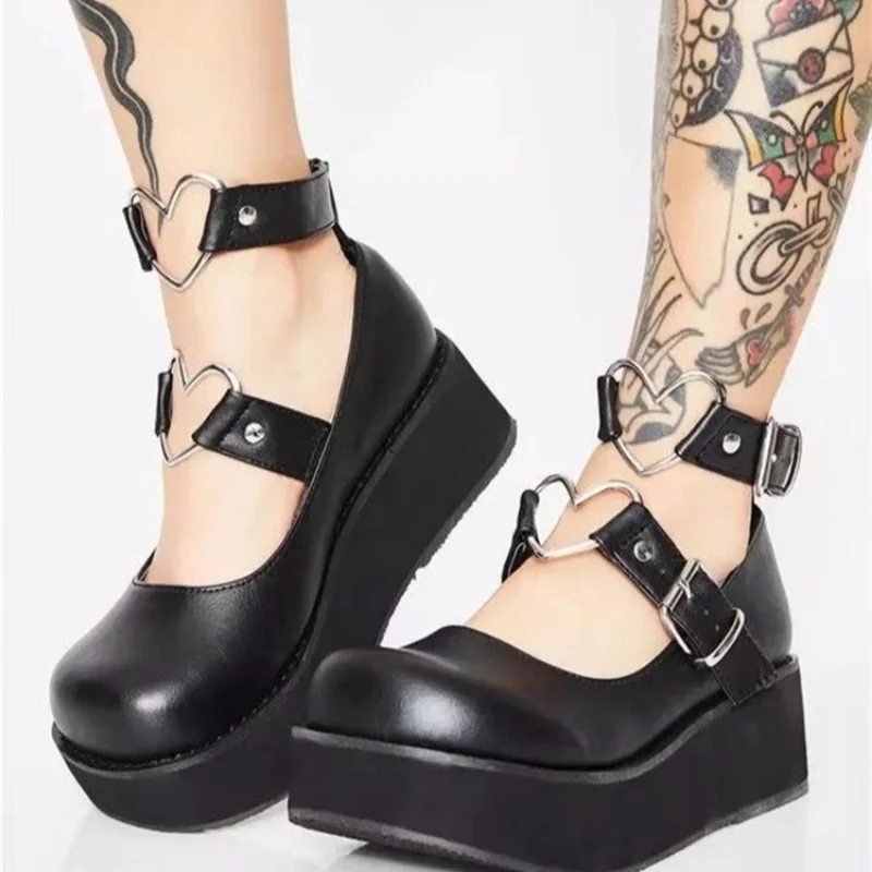 2023 Heart Buckle Chunky Wedge Mary Janes Women Sweet T-strap Platform Lolita Shoes Woman Spring Punk Gothic Shoes Plus Size 43