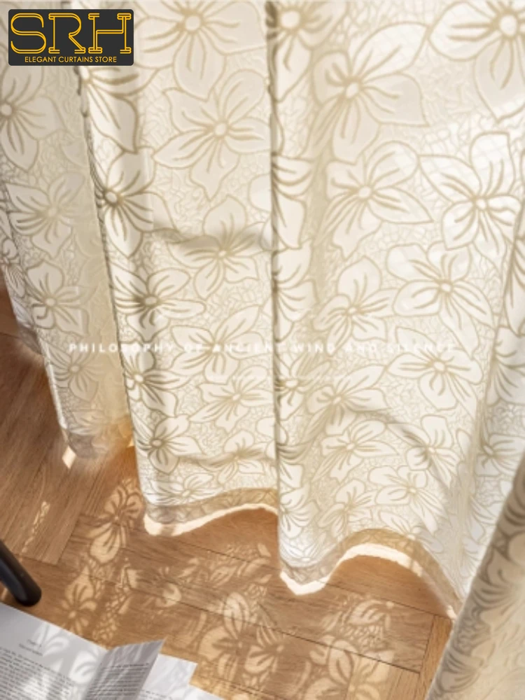 

French Embossed Gauze Curtain Opaque Bedroom Retro Light Luxury Curtains Living Room White Sunshade Window Custom Jacquard Tulle