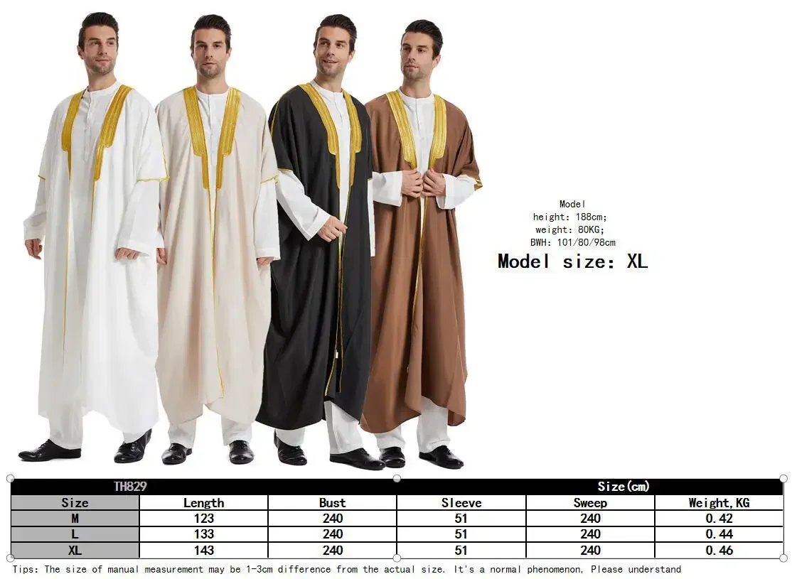 Muçulmano Thawb Caftan para homens, Eid Jubba Thobe, Cardigan Abaya, Vestido longo, Ramadan Robe, Arábia Saudita, Dubai