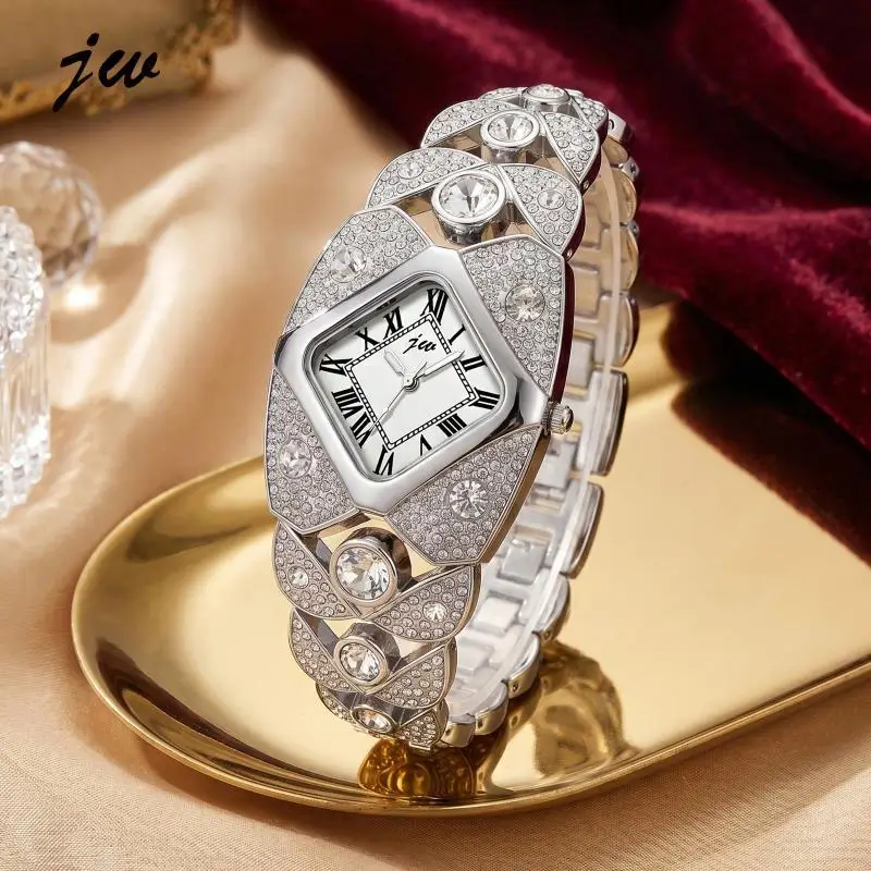 

Fashion Women Silver Rhinestone Watch Square Roman Numerals Dial Exquisite Wristwatch for Daily Wear Party Graduation Gift
