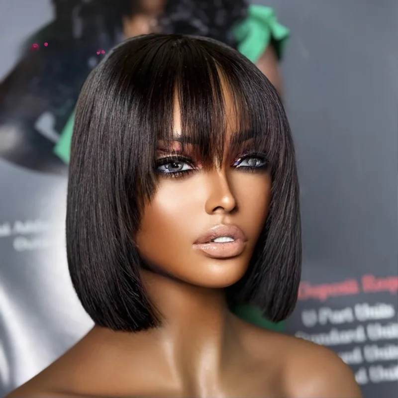 

Natural Color Bobo with bangs 8-16inch full machine Human Hair Wig Brazilian Virgin Remy High Quality Suitable for daily wear