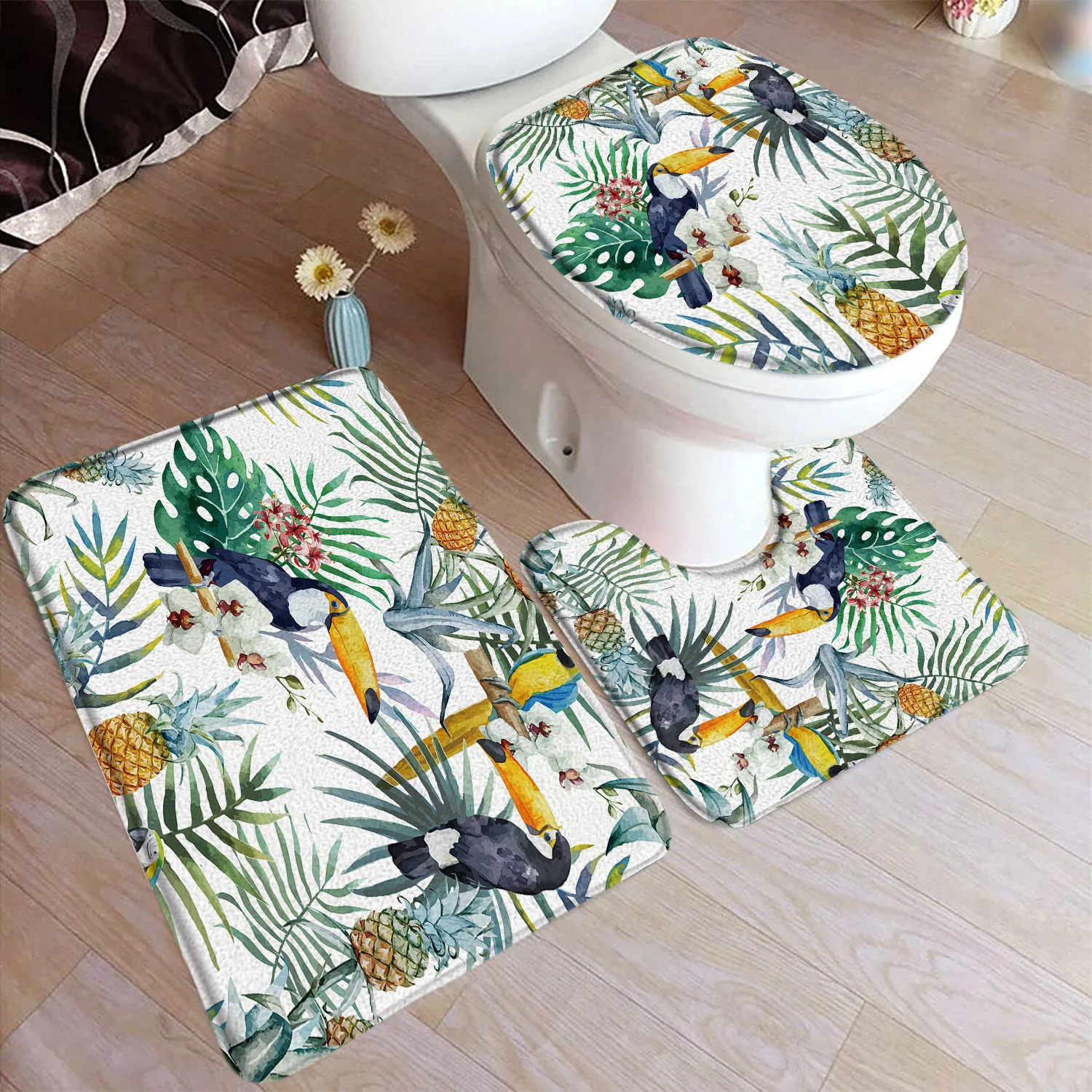 Tropical Leaves Bath Mat Set Palm Leaf Monstera Plnat Floral Home Carpet Flannel Bathroom Decorative Floor Rugs Toilet Lid Cover