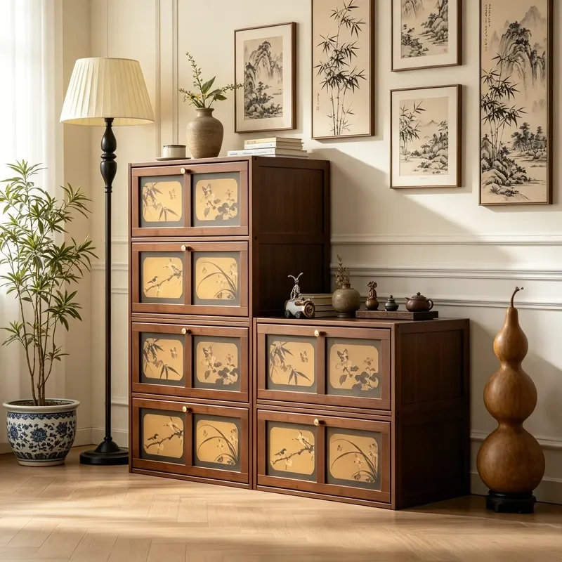 for Song Style Aesthetics Medium Ancient Retro Fragrant Cloud Yarn Solid Wood Bucket Cabinet Living Room Dining Side Storage
