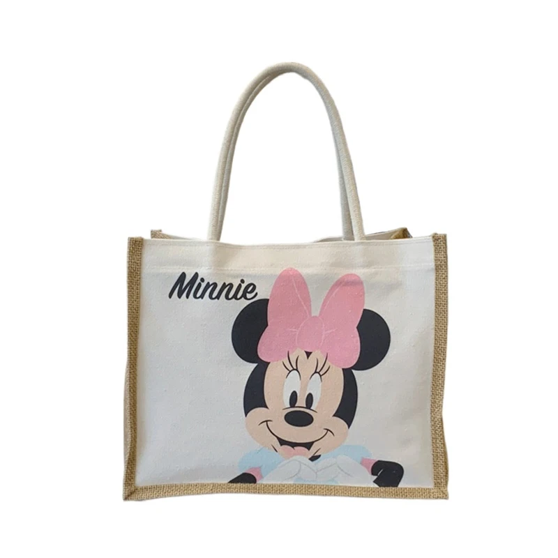 

Disney Mickey Cartoon Linen Tote Bag Large Capacity Breathable Work Commute Lunch Box Toiletry Mommy Bag for Women Girls