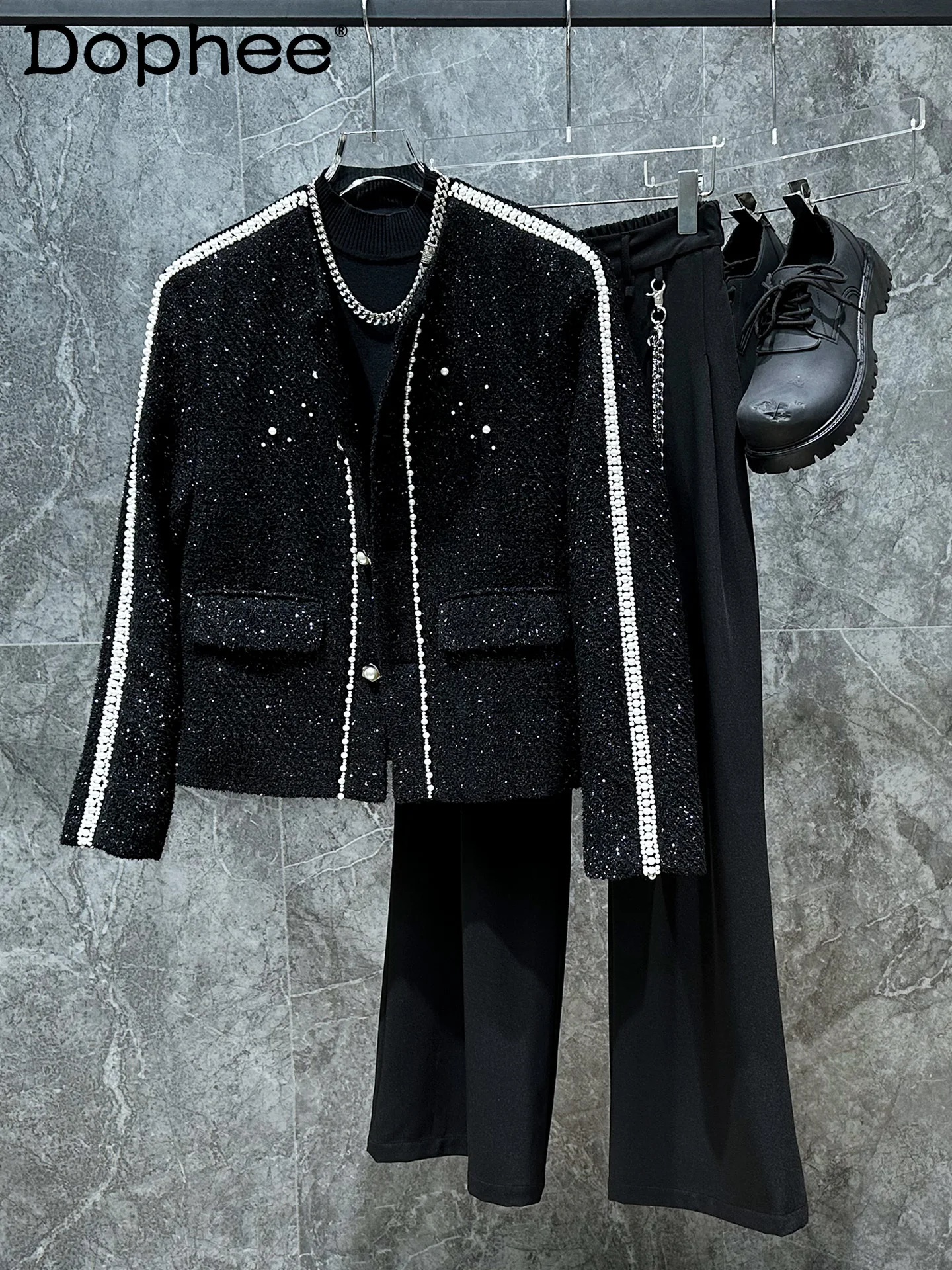 

Autumn Winter New Korean Version Ins Round Neck Pearl Decoration Design Sense Jacket Fashion Trend Thickened Coat for Men