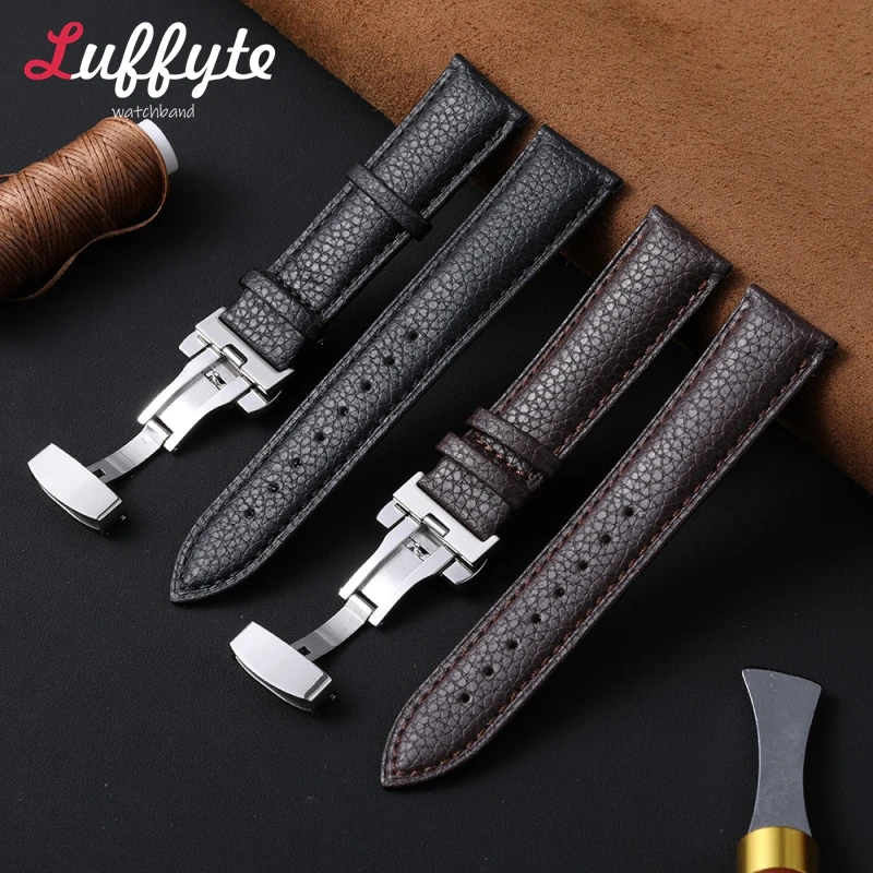 Leder-Uhrenarmband Business Lychee-Muster Leder-Uhrenband 18mm 20mm 22mm Schmetterlingsverschluss Schwarz Braun Grün Armband