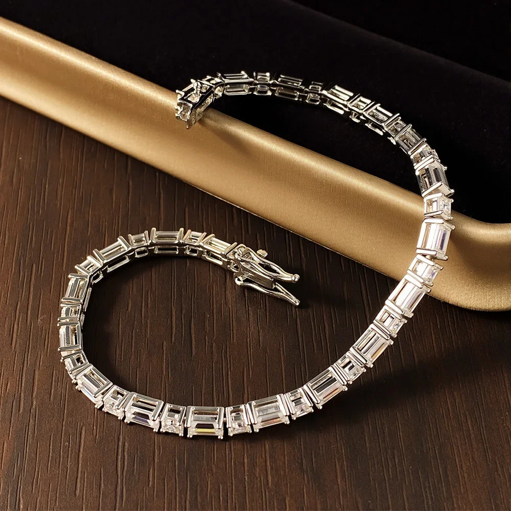 NASIA Emerald/Ascher Cut Moissanite Tennis Bracelet s925 Sterling Silver Plated White Gold with GRA Bracelets for Women Man