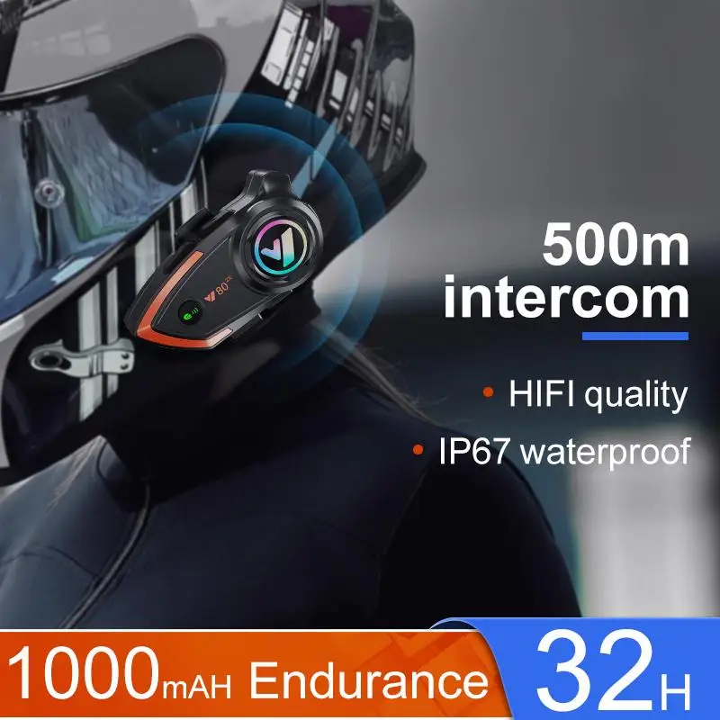 

Y80-2X Motorcycle Helmet Intercom Bluetooth Headset IPX6 Waterproof Reduction Double 800m Handsfree Call Bluetooth5.0 Interphone