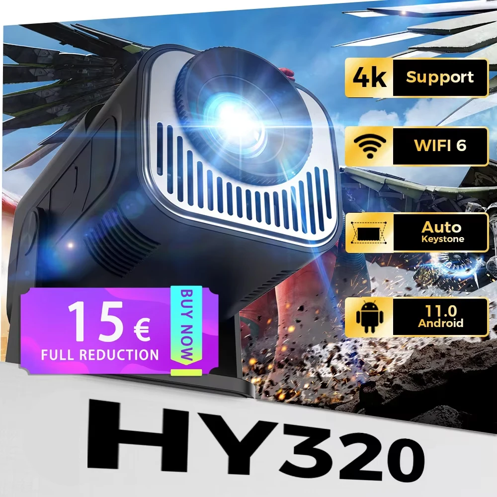 جهاز عرض محمول HY320 أندرويد 11 واي فاي 6 BT 5.0 390ANSI Allwinner H713 أصلي 1080P 4K يدعم جهاز عرض منزلي خارجي