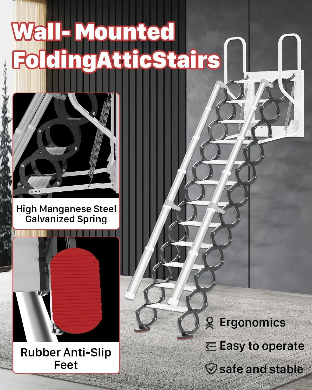 12 Steps Retractable Loft Foldable Ladder, Stairs Pull Down System for Height 9~9.8ft, Wall-Mounted Collapsible Ladder,