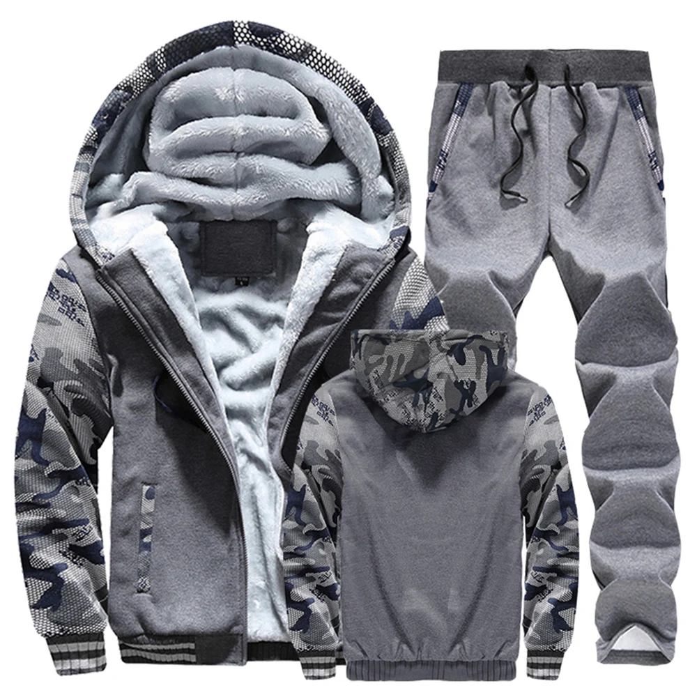 Winter Men Tracksuit Hooded Sportswear Zipper Jacket Fleece Trousers Men\'s Warm Solid Color Casual Men\'s Sports Suit