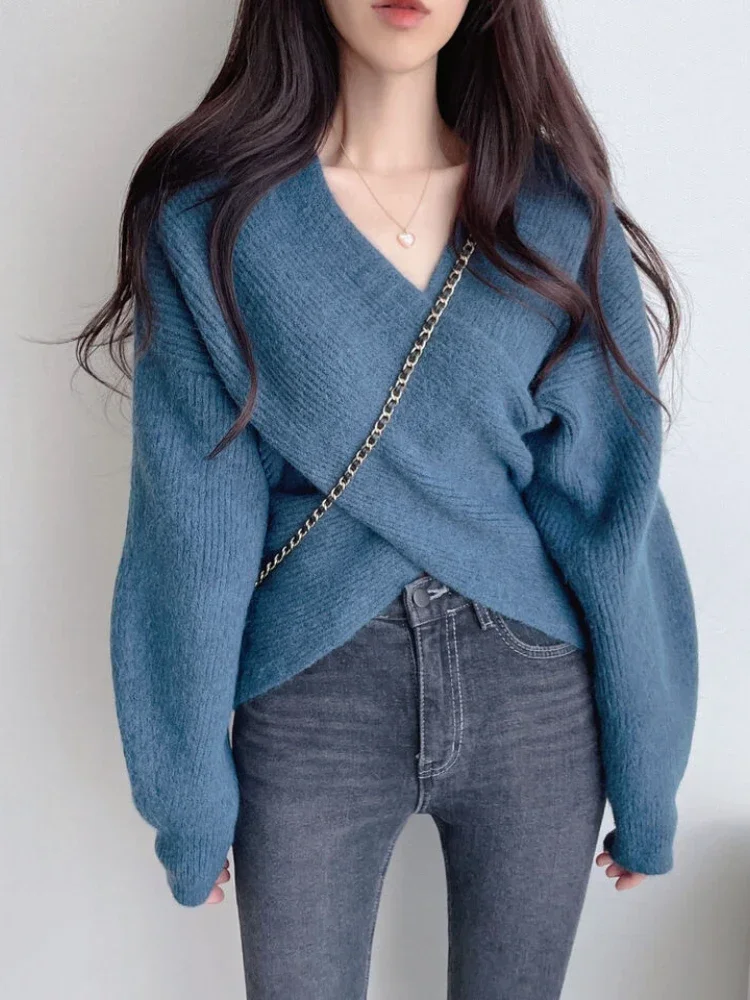 OCEANLOVE Autumn Winter Women Sweaters V Neck Cross Short Vintage Pull Femme Korean Fashion Elegant All Match Pullovers