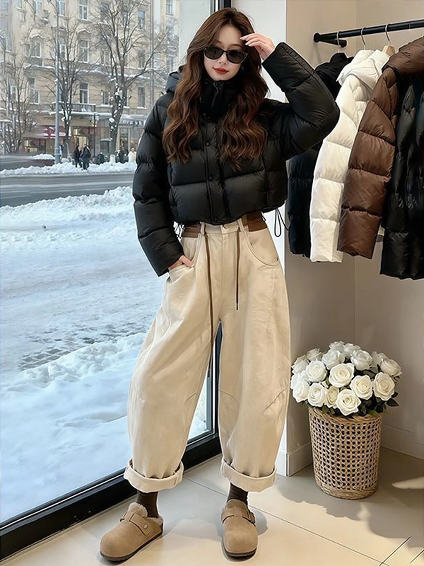 American Style Khaki Retro Harem Dad Jeans Women's Casual Autumn New Small Size Nine Point Pants Trendy High Waist Wide Leg J...