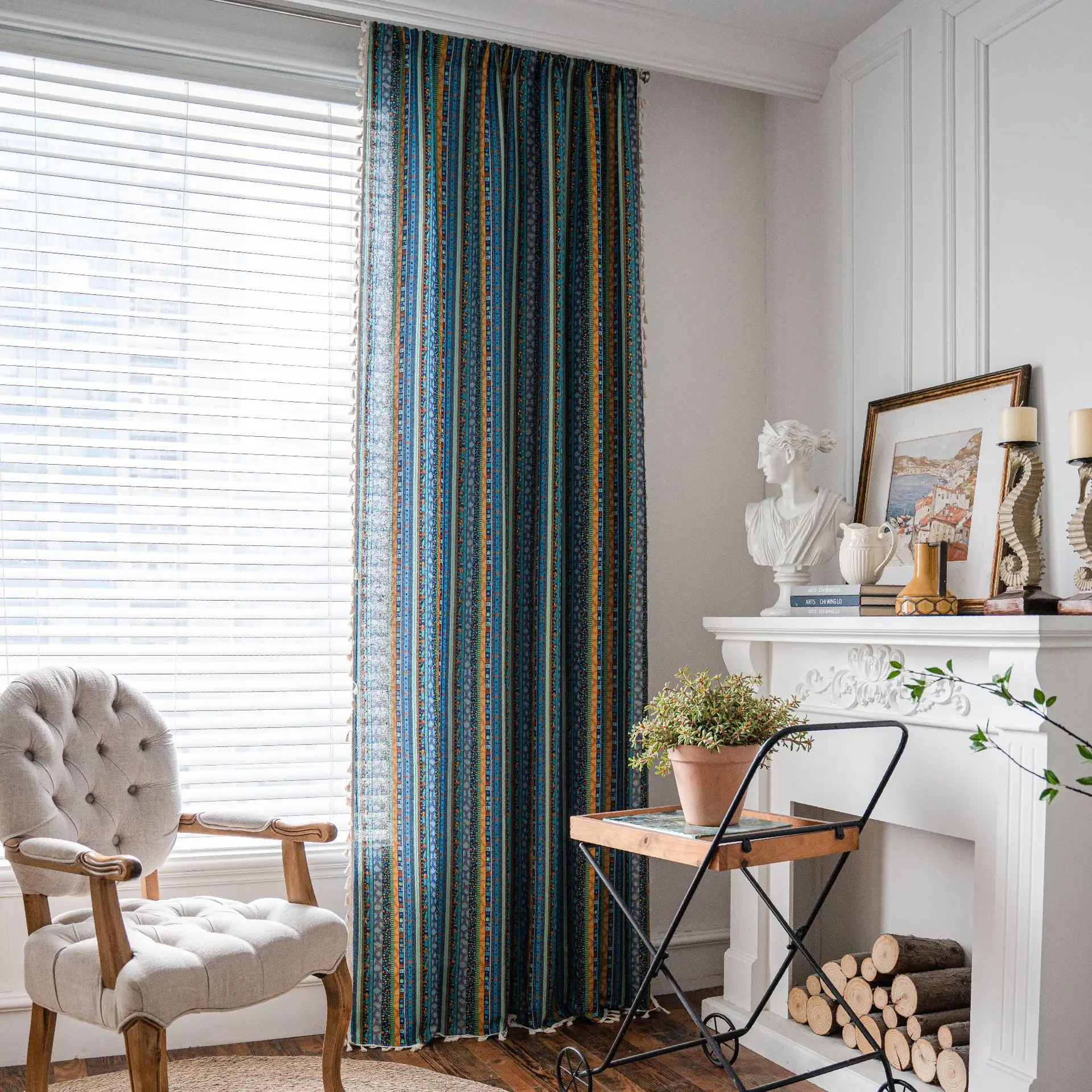 

Bohemia Cotton Linen Blue Striped with Tassels Blackout Window Curtain Ready-made Drapes for Bedroom Curtains in The Living Room