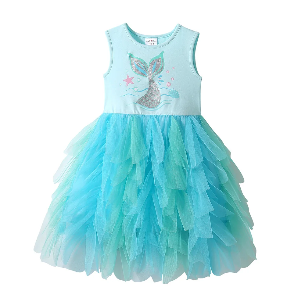 Kids Summer Sleeveless Tulle Dress Girls Glitter Mermaid Tail Print Blue Elegant Party Dance Daily Casual Vacation Dresses