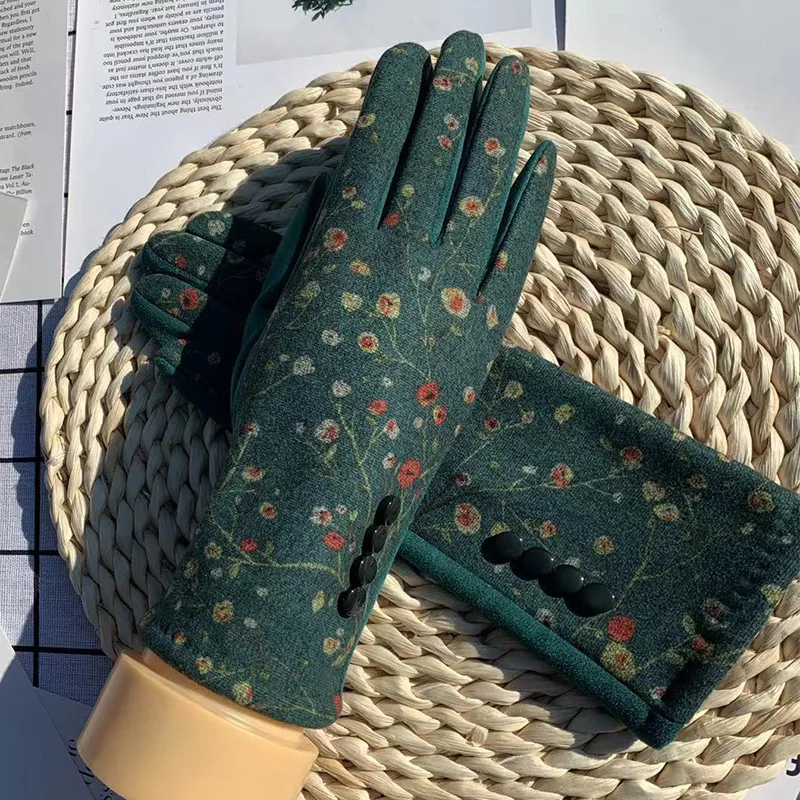 Guantes de flores para mujer, manoplas a prueba de viento, cálidas, no mullidas, bordadas, para viajes al aire libre, pantalla táctil, a la moda,