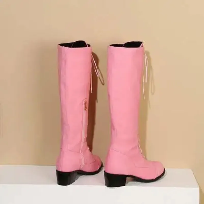 2025 New Women Cosplay Riding Knee High Boots Med Heels Lace Up Party Date Shoes Black Pink Orange Purple Plus Size 43