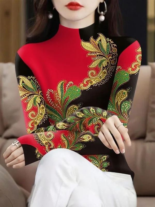 

Thickened Fleece Long Sleeve Printed Half High Collar Mommy Women's Top Warm Casual Style Polyester Fiber T-Shirt for Autumn ...