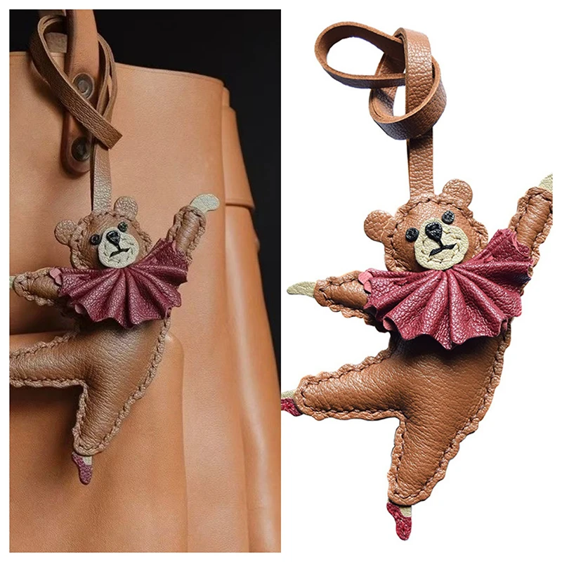 Ballet Dancing Teddy Bear Genuine Leather Handmade Bag Charm Pendant,Keychain Hanging Ornament,Handbag Purse Decor Accessories