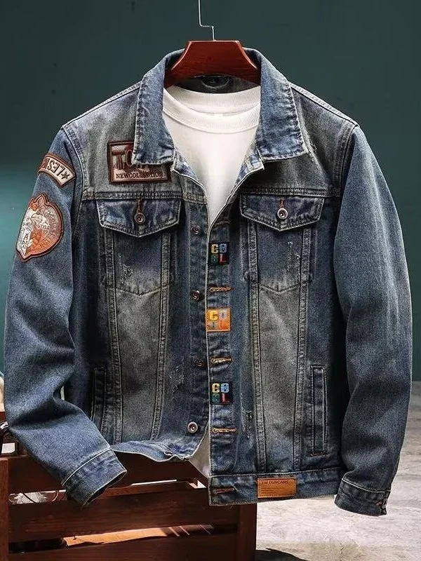Retro Denim Jacket Men Vintage Blue Loose Fit